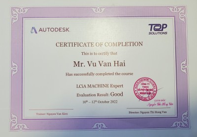 Kỹ sư TK Vũ Văn Hải nhận chứng chỉ hoàn thành khóa LCiA Autodesk