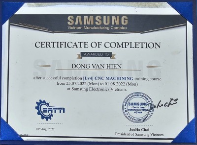 Chứng nhận hoàn thành xuất sắc vận hành máy CNC